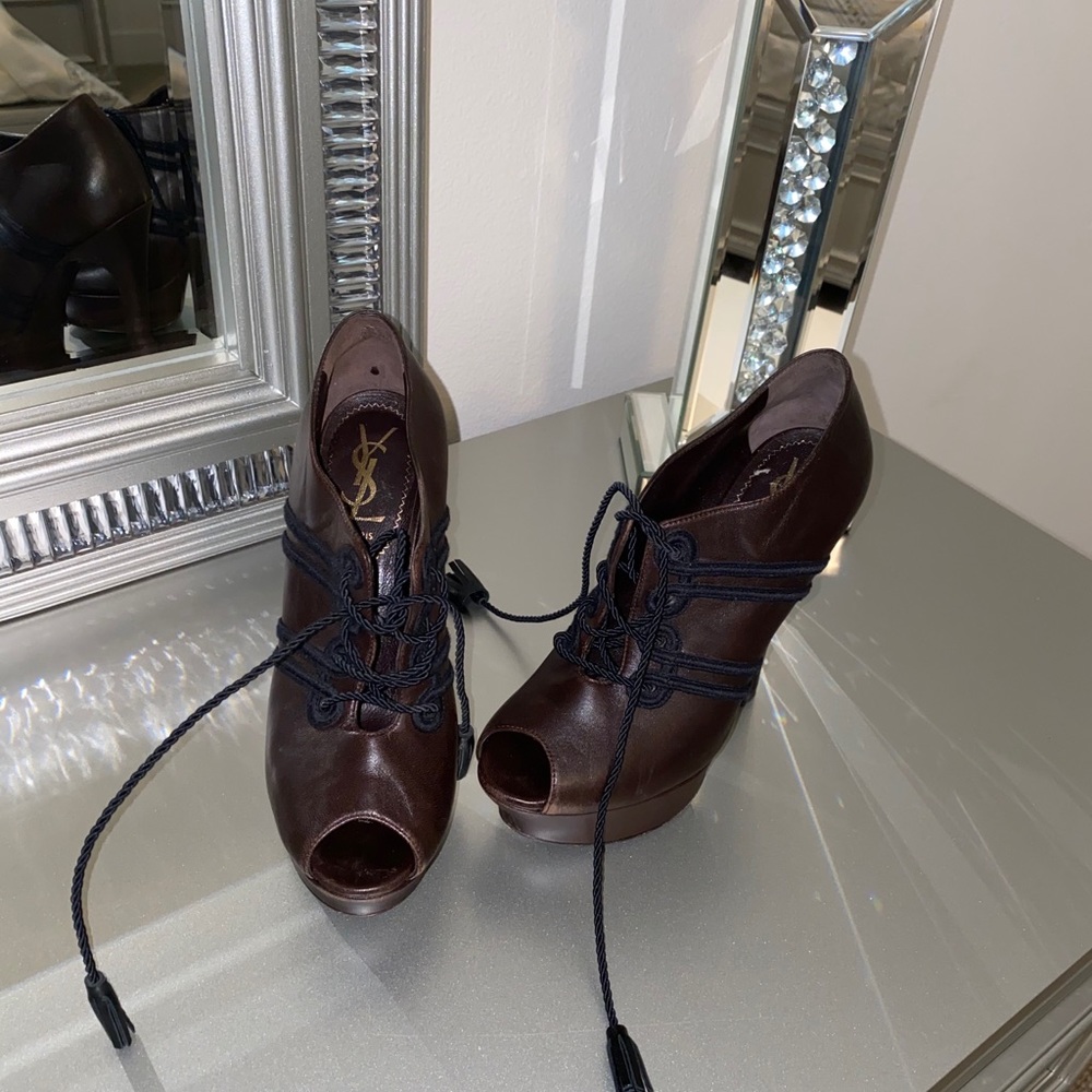 NFS YSL Brown Leather Platform Peeptoe Booties